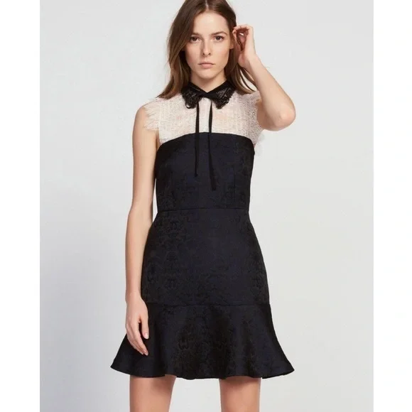 Sandro Flavia Dress Black White Eyelash Lace Flare Brocade - Picture 8 of 15